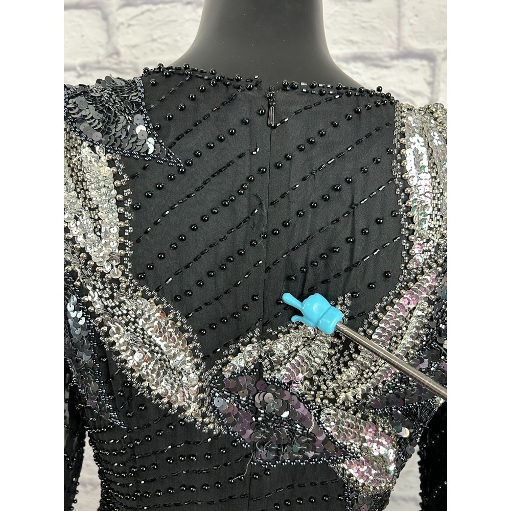 A.J. BARI Silk Beaded Sequins‎ Long Sleeve Fashion Dress Black Women's 6 Flaws - Picture 6 of 10